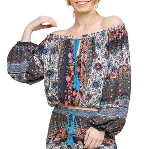 Umgee Blue Bohemian Print Off Shoulder Peasant Top with Tassels
